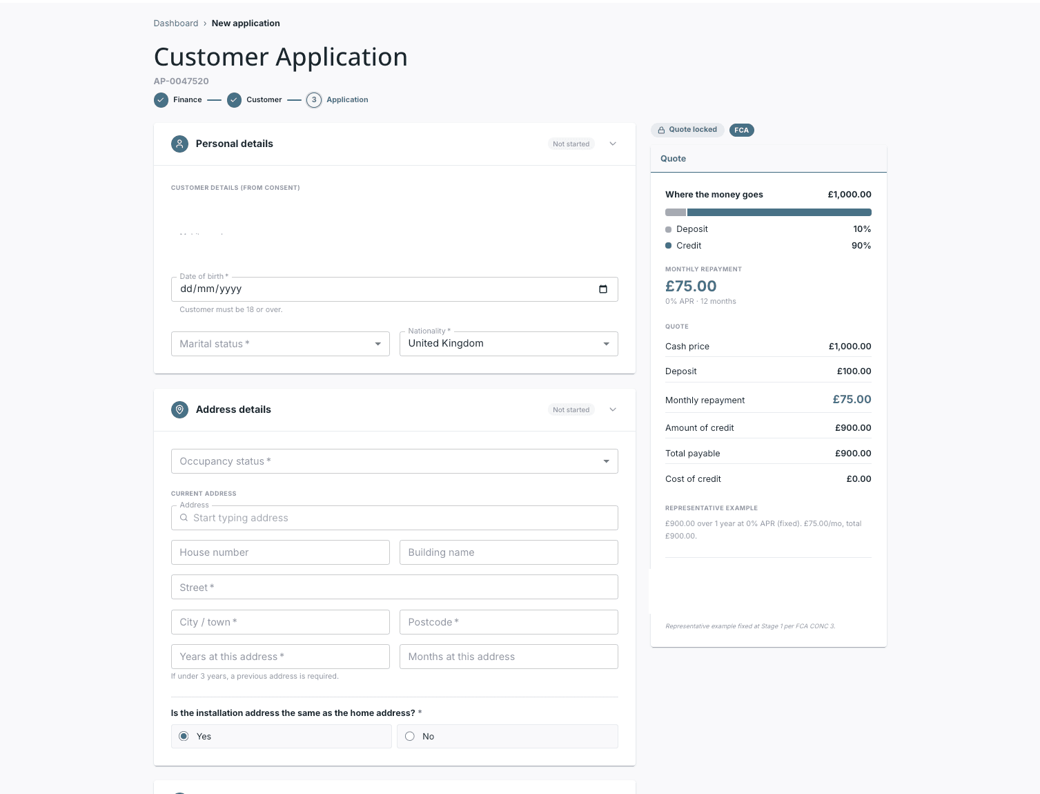 Screen 3: the customer application on one page