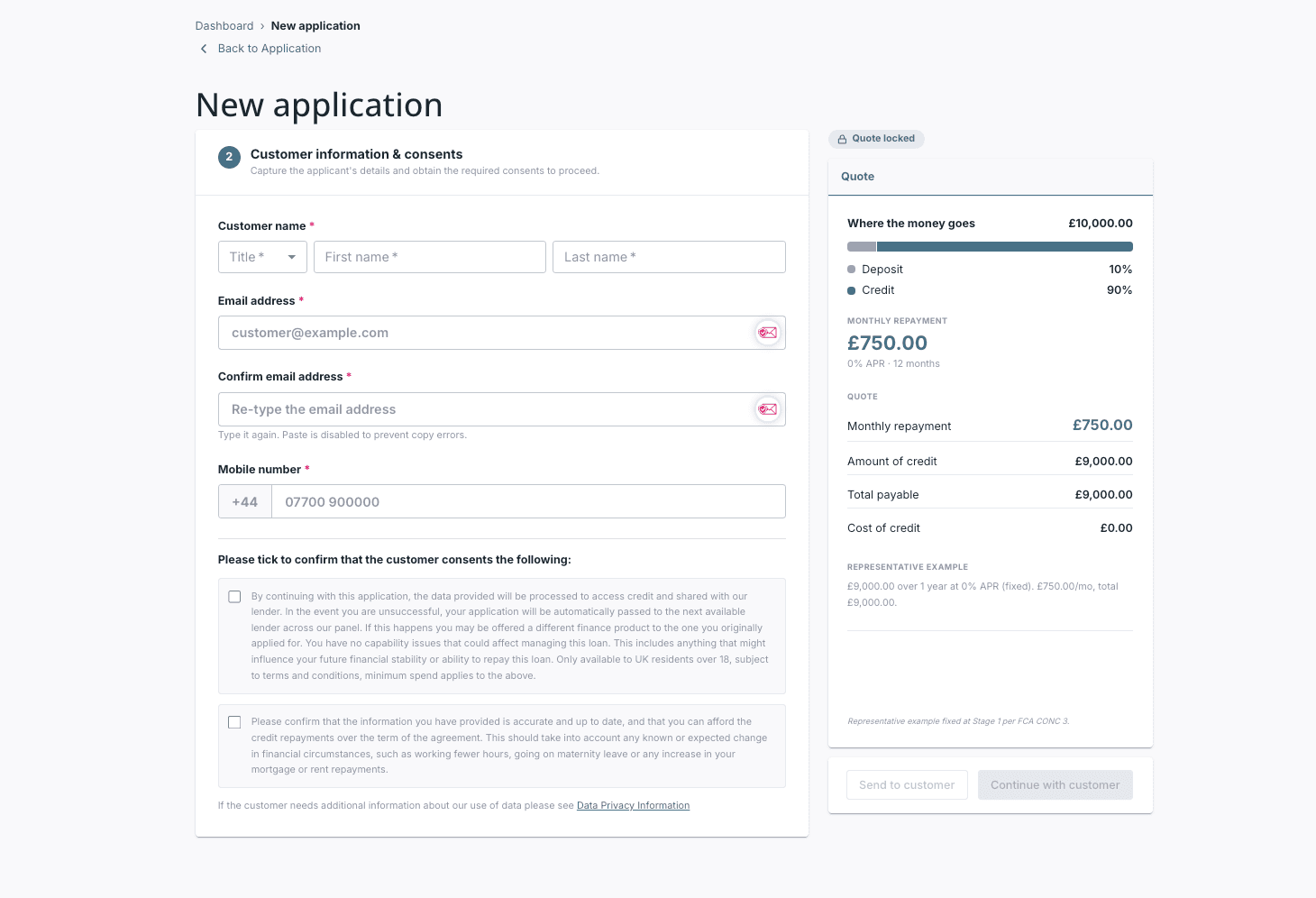 Screen 2: customer details and consents with the locked quote
