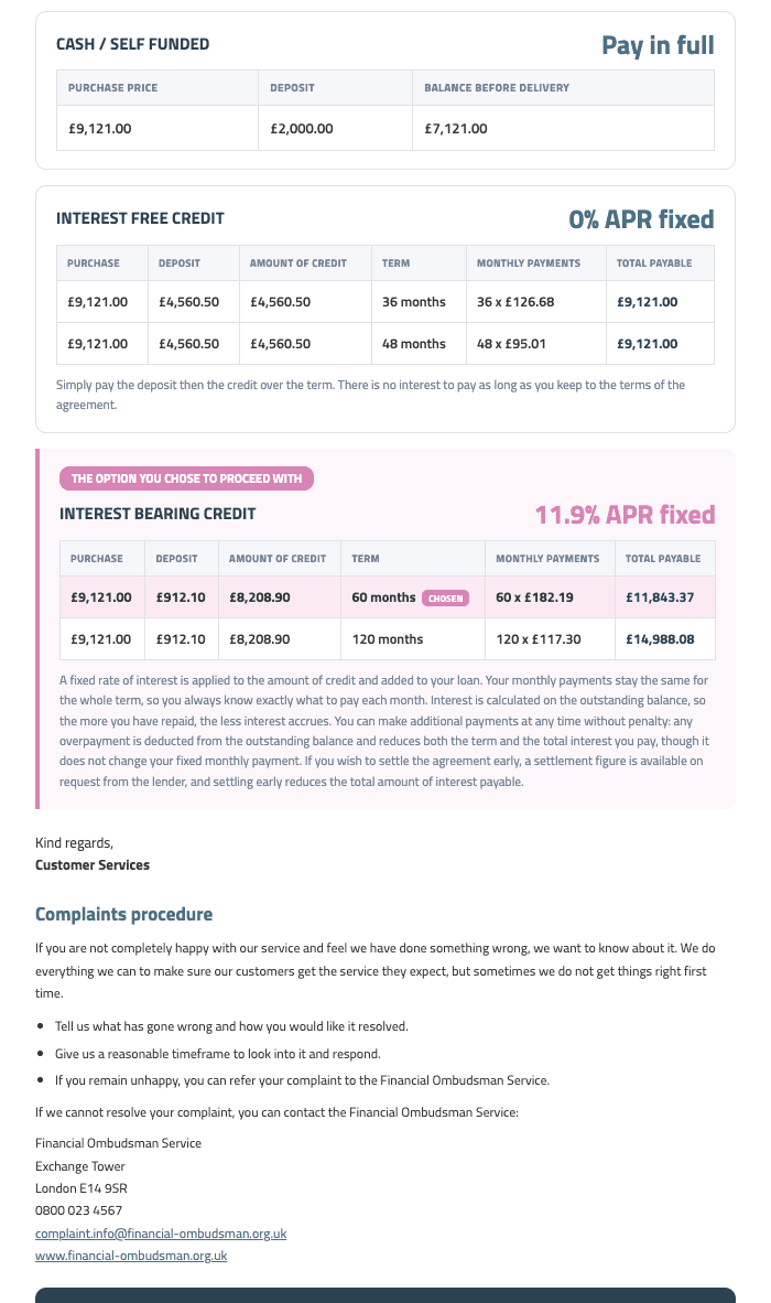 The funding options document as the customer receives it